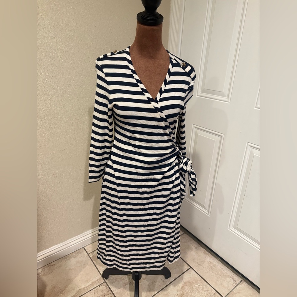 Banana Republic Navy and White Striped Long Sleeve Dress